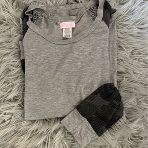 Pink Lily grey top with camo sleeves